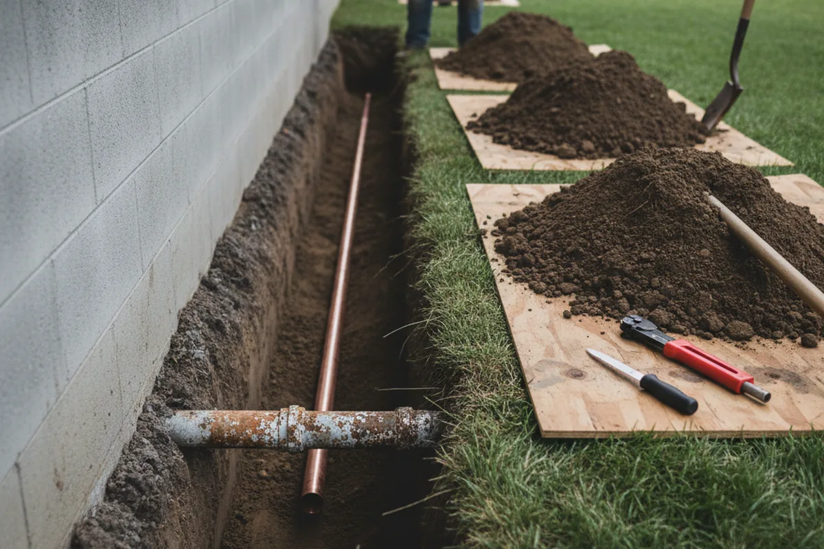 Excavated water line trench during Water Softener Installation in Yorkshire